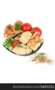 Bread with pate and fresh vegetables of tomatoes and cucumbers