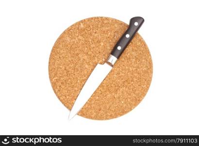 Breadboard with a knife isolated on a white background