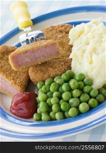Breadcrumbed Luncheon Meat with Mashed Potato Peas and Tomato Ketchup