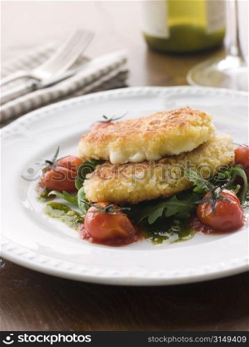 Breadcrumbed Mozzarella Cheese with Roasted Cherry Tomatoes and Pesto