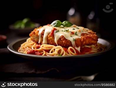 Breaded chicken fillet with parmesan and sauce with spaghetti on table.AI generative.