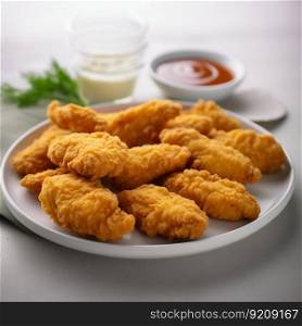 Breaded Chicken Pieces on White Background. Generative ai. High quality illustration. Breaded Chicken Pieces on White Background. Generative ai