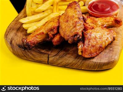 Breaded crispy fried chicken wings, french fries and sauce