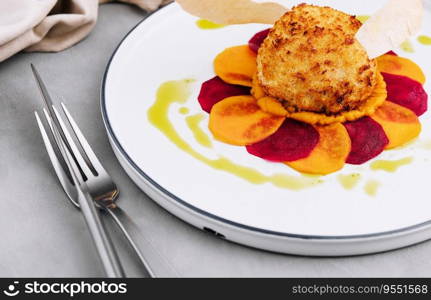 breaded cutlet with sweet potato and beets