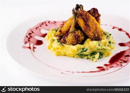 breaded duck with mashed potatoes on plate