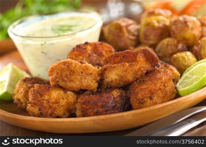Breaded fried calamary pieces with small baked potatoes and tzatziki (Selective Focus, Focus on the front of the two upper calamary pieces)
