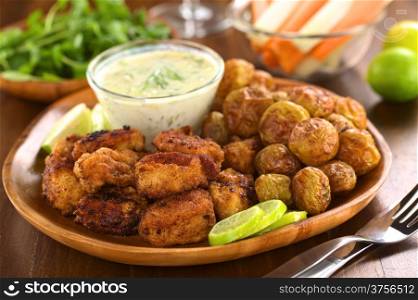 Breaded fried calamary pieces with small baked potatoes and tzatziki (Selective Focus, Focus on the front of the upper calamary and the first potato on the right)