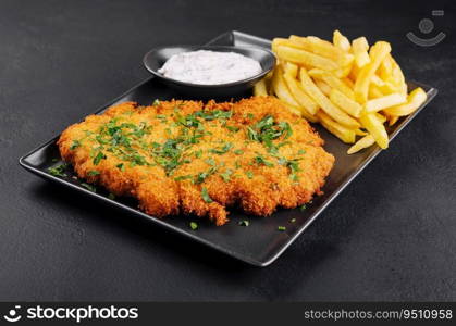 Breaded fried pork chop with french fries