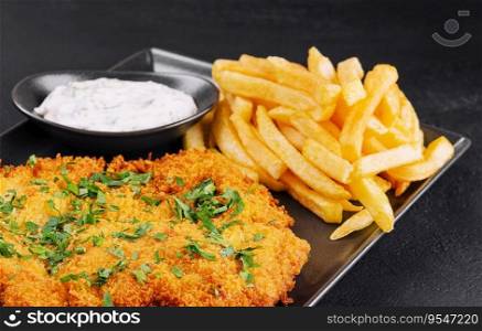 Breaded fried pork chop with french fries
