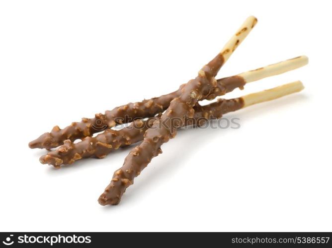 Breadsticks covered with chocolate and nuts isolated on white