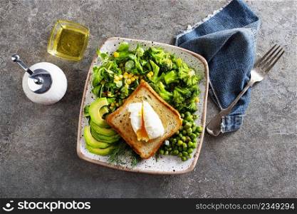 breakfast, avocado with bread and boiled egg