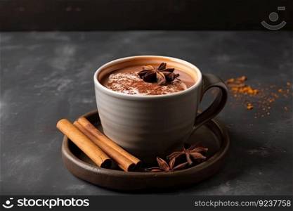 breakfast blend of hot chocolate and cocoa with cinnamon and nutmeg, served in mug, created with generative ai. breakfast blend of hot chocolate and cocoa with cinnamon and nutmeg, served in mug