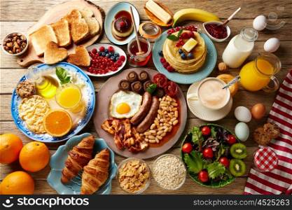 Breakfast buffet full continental and english coffee orange juice salad croissant fruit