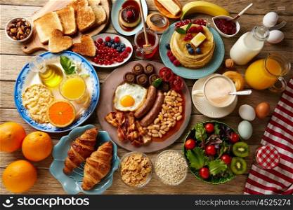 Breakfast buffet full continental and english coffee orange juice salad croissant fruit