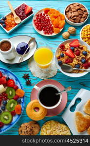 Breakfast buffet healthy continental coffee orange juice fruit salad croissant