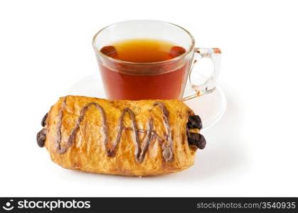 Breakfast concept - croissant and tea isolated on white