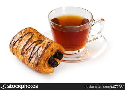 Breakfast concept - croissant and tea isolated on white