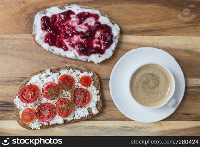 Breakfast concept with bread and coffee.. Breakfast concept with bread and coffee