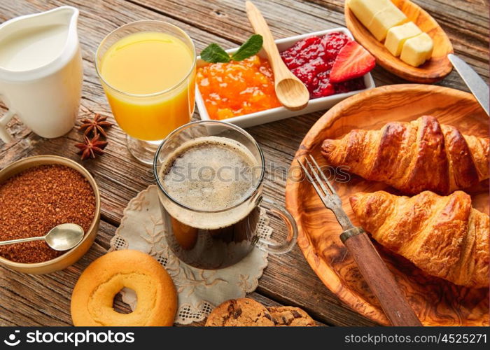 Breakfast continental with croissant coffe and orange juice