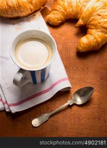 breakfast cup of coffee and croissants