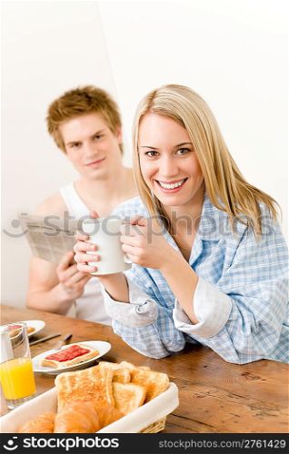 Breakfast happy couple enjoy romantic morning drink coffee
