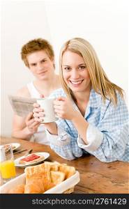Breakfast happy couple enjoy romantic morning drink coffee