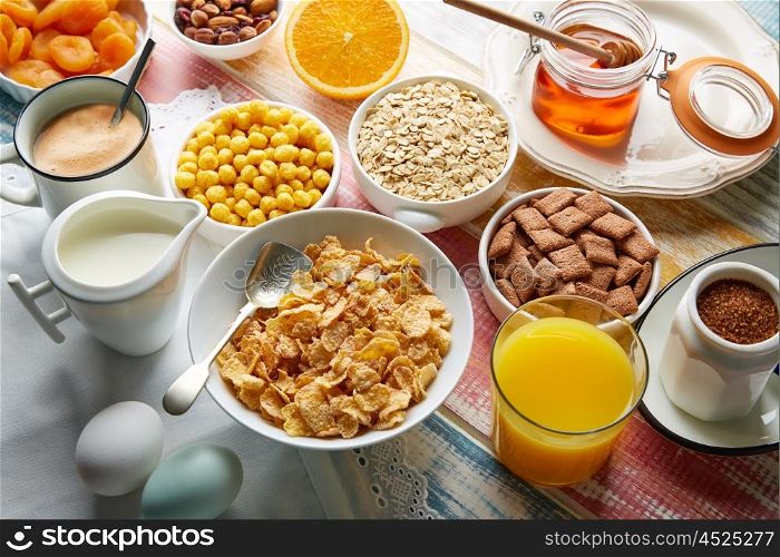 Breakfast healthy cereal coffee and orange juice and eggs