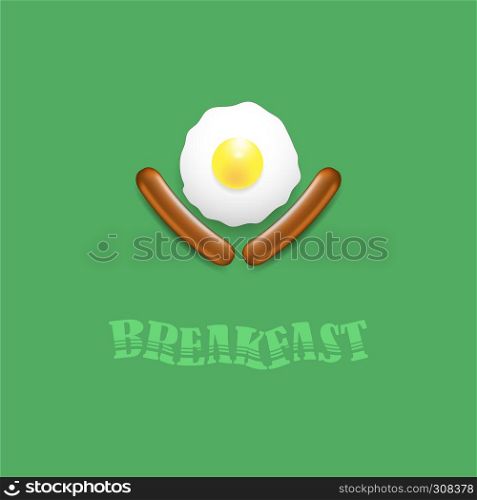 Breakfast Icon with Natural Egg and Two Realistic Boiled Sausages Isolated on Green Background. Breakfast Icon with Natural Egg and Two Sausages