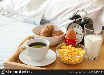 Breakfast in Bed - Rolls, Coffee, Boiled Egg, Milk, Corn Flakes and Alarm Clock
