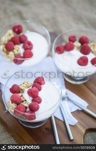 Breakfast of fresh raspberries and yoghurt