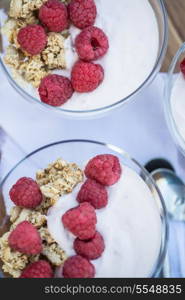 Breakfast of fresh raspberries and yoghurt