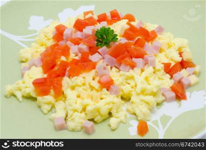breakfast - omelette with ham and tomatoes, closeup