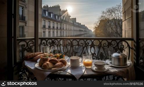 Breakfast on balcony during morning in paris terrace hotel. Generative AI AIG19.. Breakfast on balcony during morning in paris terrace hotel