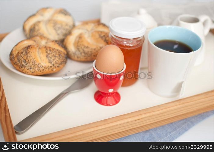 Breakfast on Server - Hard Boiled Egg, Tea, Rolls, Apricot Jam