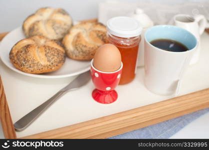 Breakfast on Server - Hard Boiled Egg, Tea, Rolls, Apricot Jam