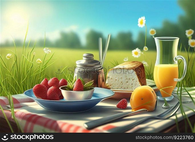 Breakfast on the grass on the background of a meadow illustration. AI generative.