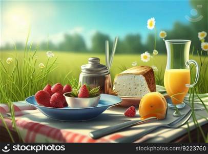 Breakfast on the grass on the background of a meadow illustration. AI generative.