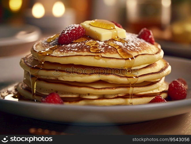 Breakfast pancakes with maple syrup and butter.AI Generative