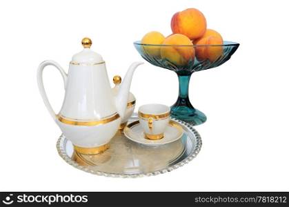 Breakfast set - coffee set, bowl of appricots