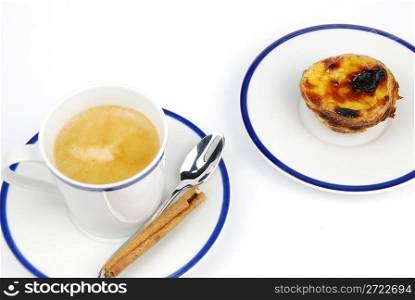 breakfast set with a espresso coffee and portuguese &acute;pastel de nata&acute; (isolated on white background)