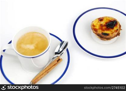 "breakfast set with a espresso coffee and portuguese "pastel de nata" (isolated on white background)"