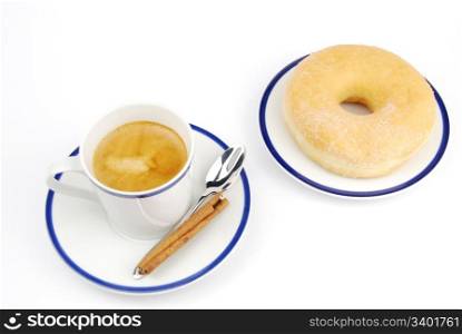 breakfast set with espresso coffee and donut (isolated on white background)