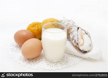 Breakfast set with fresh eggs, biscuits and milk