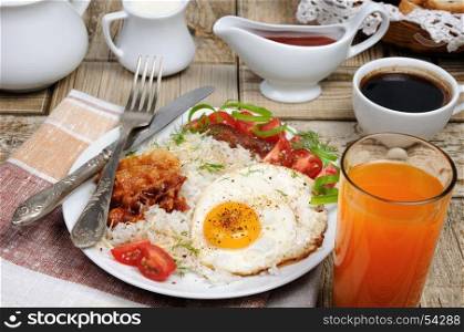 Breakfast - Soft boiled rice with scrambled eggs, bacon, tomato slices and greens