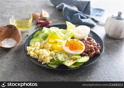 breakfast, wheat porridge with boiled egg and fresh vegetables