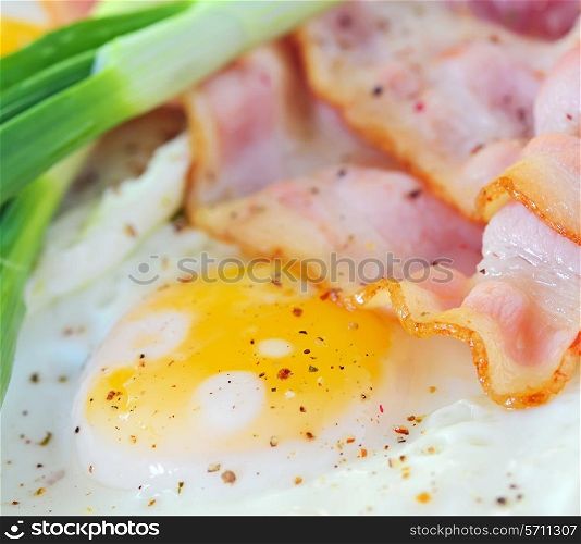 breakfast with bacon and fried eggs, macro