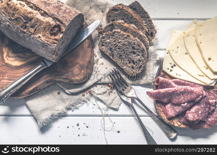 Breakfast with bread cheese and salami freshly prepared