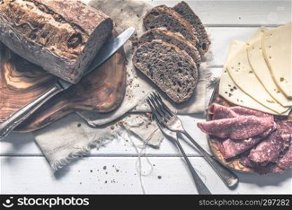 Breakfast with bread cheese and salami freshly prepared
