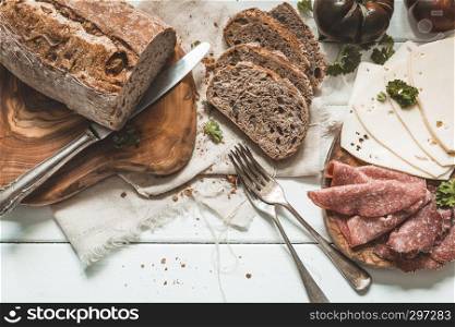 Breakfast with bread cheese and salami freshly prepared