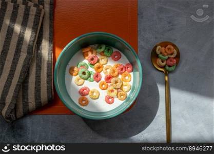Breakfast with colored cereal served in a colored bowl